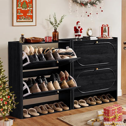 ORRD Shoe Storage Cabinet with 2 Flip Drawers Set of 2, Wood Narrow Shoe Cabinet for Entryway, Fluted Hidden Shoe Organizer, Freestanding Slim Shoes Cabinets for Foyer, Hallway-Black