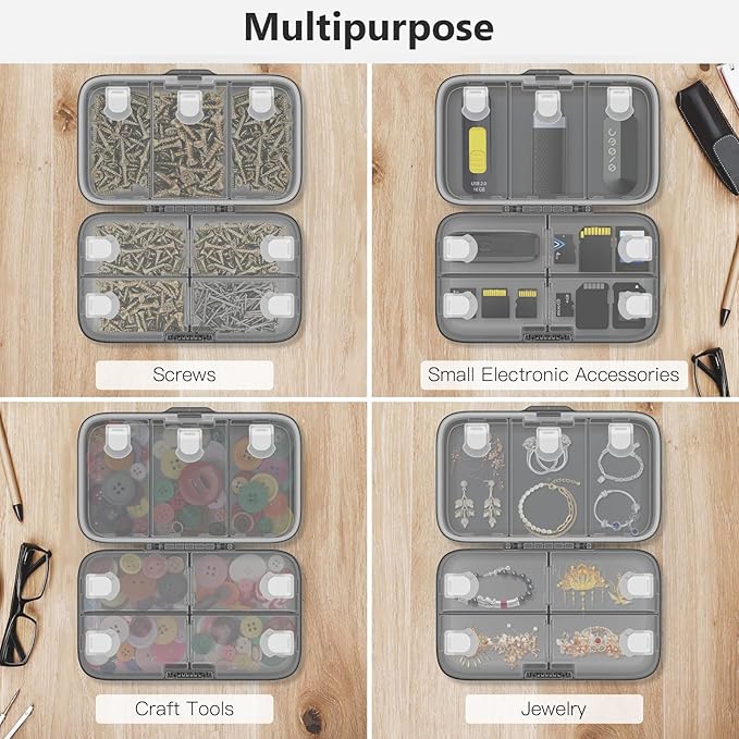 FYY Weekly Pill Organizer with Labels,8 Compartments Travel Daily Pill Case Airtight Moistureproof Large Pill Box to Hold Vitamins, Fish Oil, Supplements,Cotton Swab and Bandages-Black