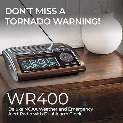 Midland - WR400 Weather Radio Deluxe - NOAA Emergency Alert Scanner – Home Use with Battery Backup - Local County Programming Over 80 Emergency Voice Flashing Alerts – Alarm Clock AM/FM Radio