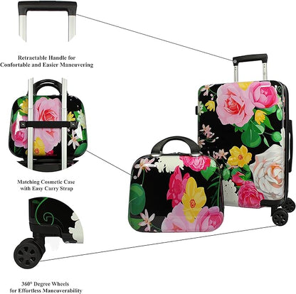 World Traveler VentureX Airline Approved 2-Piece Carry-On Luggage Set – Lightweight Hardside Polycarbonate Suitcase with Spinner Wheels - Peonies