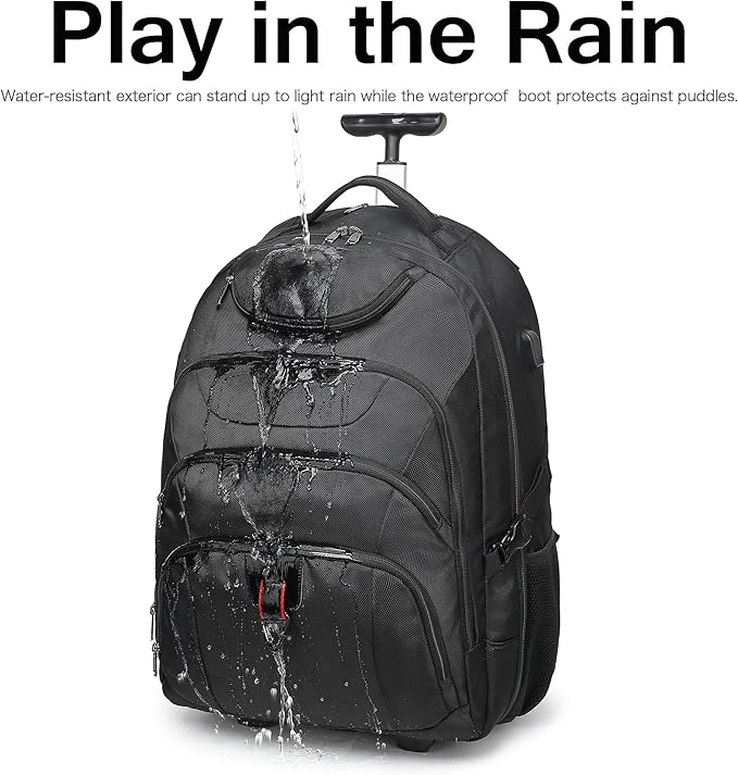 Boavan Wheeled Backpack,18.4 inch Water Resistant Rolling Backpack,Carry on Luggage Business Bag, Overnight College Computer Backpacks Trolley Suitcase for Men Women Adults to Travel，Black