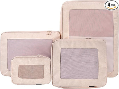 4-Set Compression Packing Cubes for Travel, Recycled Cotton Luggage Organizers, Space-Saving Suitcase Organizers, with Mesh, Travel Essentials(Beige)