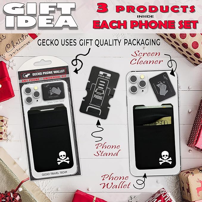 Gecko Travel Tech Double Pocket - Adhesive Card Holder - Cell Phone Pouch - Stick on Spandex Pocket - Carry Credit Cards and Cash - Skull