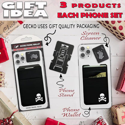 Gecko Travel Tech Double Pocket - Adhesive Card Holder - Cell Phone Pouch - Stick on Spandex Pocket - Carry Credit Cards and Cash - Skull
