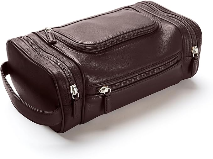 Leatherology Brown Multi Pocket Toiletry Bag - Main top zippered compartment with additional side and front zippered pockets