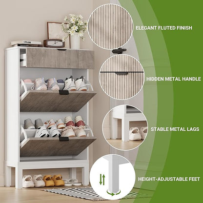 GAOMON Shoe Cabinet with 2 Flip Drawers, Entryway Cabinet with Adjustable Shelves, Accommodate 8 to 12 Pair of Shoes, Space-Saving Slim Shoe Cabinet for Entryway, Hallway, Front Door, White Grey