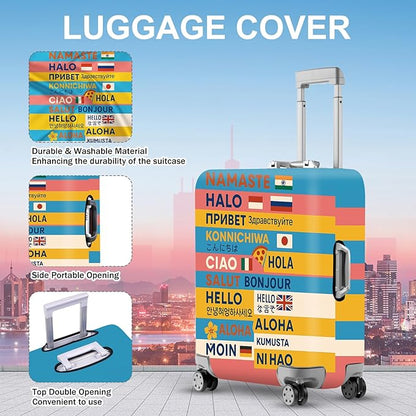 ANNA QUEEN Funny Multilingual Greetings Luggage Cover, Suitcase Protector with Hello in 15+ Languages, Stretchable, Washable Travel Cover for 24-26 Inch Luggage