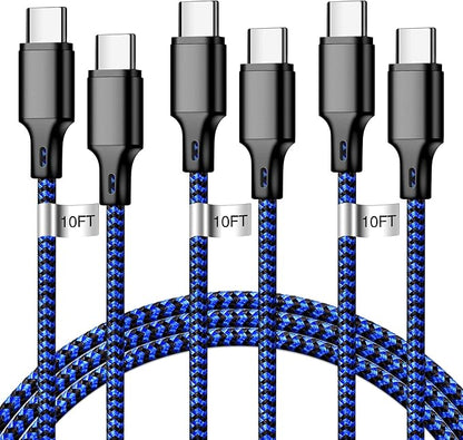 cugunu USB C to USB C Charger Cable, 3Pack 60W 10FT Type C Fast Charging Cord Compatible for iPhone 15/16/17/Pro/Max/Plus, iPad, MacBook-BlackBlue