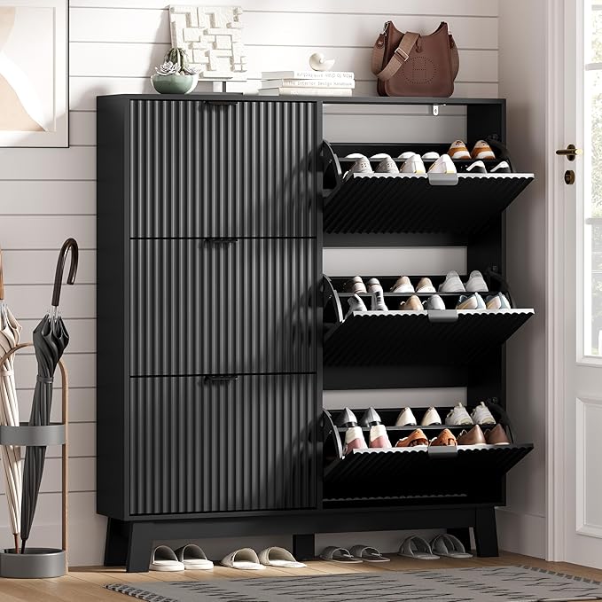 Shoe Cabinet Storage for Entryway with 6 Flip Drawers, Fluted Narrow Shoe Organizer with Wooden Legs, Freestanding Slim Shoe Storage Hidden Shoe Rack Organizer for Front Door Entrance, Black