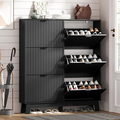 Shoe Cabinet Storage for Entryway with 6 Flip Drawers, Fluted Narrow Shoe Organizer with Wooden Legs, Freestanding Slim Shoe Storage Hidden Shoe Rack Organizer for Front Door Entrance, Black
