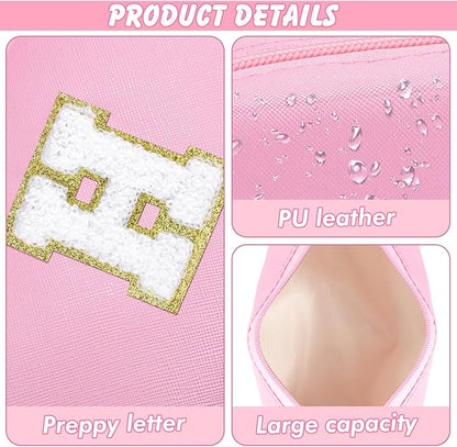 Initial Makeup Bag Personalized Preppy Travel Small Cosmetic Bag Cute PU Pink Chenille Letter Makeup Pouch for Purse Waterproof Zippered Toiletry Organizer for Women Girls Kids Friends (H)
