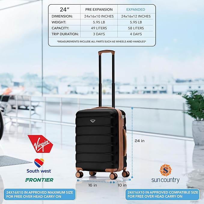 Flight Knight 24x16x10 Expandable Carry On Suitcase Hardside TSA Lock USB C Lightweight Luggage Silent Double Spinner Wheels Maximum Overhead Carry-On Bag For Virgin & South West Approved Airlines