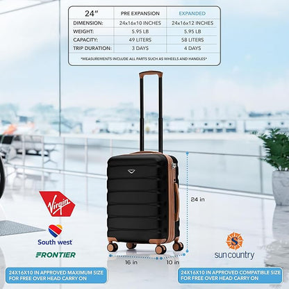 Flight Knight 24x16x10 Expandable Carry On Suitcase Hardside TSA Lock USB C Lightweight Luggage Silent Double Spinner Wheels Maximum Overhead Carry-On Bag For Virgin & South West Approved Airlines