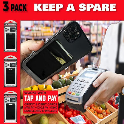 Gecko Travel Tech Double Pocket - Adhesive Card Holder - Cell Phone Pouch - Stick on Spandex Pocket - Carry Credit Cards and Cash (3 PACK - BLACK BLACK)