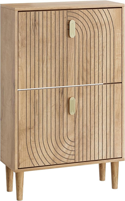 Smuxee Shoe Cabinet with 2 Flip Drawers, 23.6" Oak Hidden Shoe Storage Cabinet with Line Groove Design, Freestanding Shoe Organizer Cabinet for Entryway, Hallway, Living Room