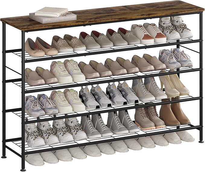 SUOERNUO Shoe Rack 5 Tier Shoe Storage Organizer Metal Mesh Shelves with MDF Top Board for Entryway, Hallway, Closet,Bedroom，Living Room (Black+Rustic Brown, Large 5 Tier)