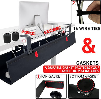 Under Desk Cable Management,No Drill 36",cord organizer,with Silicone Pads (No Scratch!)16 Cable Ties,Washable PE Honeycomb Base,Clamp/Screw Mount-Fits Any Desk 0-2.1",No Stinky Cardboard! Black