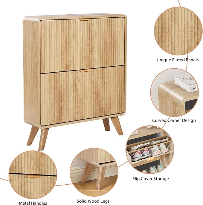 RARZOE Fluted Shoe Storage Cabinet with 2 Flip Drawers, Narrow Curved Shoe Cabinet for Entryway, Freestanding Wood Hidden Shoe Organizer Closed Shoe Rack Cabinet for Foyer,Hallway (27.5''Natural)