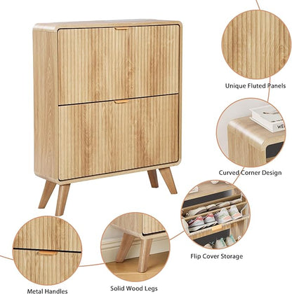 RARZOE Fluted Shoe Storage Cabinet with 2 Flip Drawers, Narrow Curved Shoe Cabinet for Entryway, Freestanding Wood Hidden Shoe Organizer Closed Shoe Rack Cabinet for Foyer,Hallway (27.5''Natural)