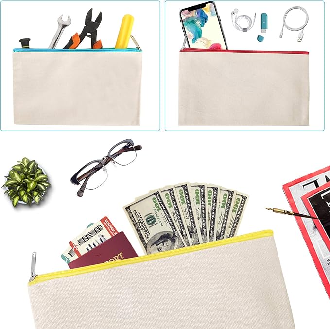 12 Pieces Cotton Canvas Makeup Bag, Multipurpose Cosmetic Bag with Zipper Travel Toiletry Pouch, Blank DIY Craft Bag (Beige, M)