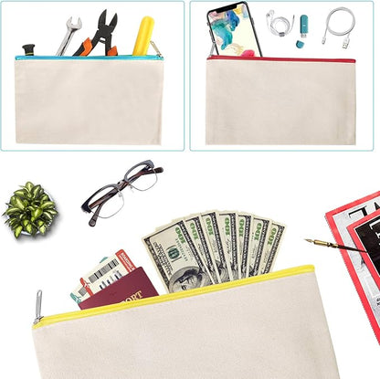 12 Pieces Cotton Canvas Makeup Bag, Multipurpose Cosmetic Bag with Zipper Travel Toiletry Pouch, Blank DIY Craft Bag (Beige, M)
