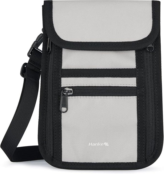 Hanke Passport Holder, Travel Wallet for Womens and Men, Neck Wallet Hidden Passport Pouch for Travel Adjustable Lightweight Thin with 6 compartments (Light Grey)