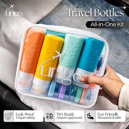 Unigo 30-Pack Full Set Multicolor B Travel Bottles, Refillable Leakproof Travel Shampoo and Conditioner Bottles, Toiletry Containers, Extra Bottle Sleeves (B Set) for Traveling