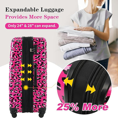 Merax Leopard Print Luggage Sets, 3 Piece Durable Suitcase Set with Spinner Wheels,Large Checked Travel Suitcases and Carry On Travel Luggage, 100% PC, TSA Lock,Hot Pink(20in/24in/28in)
