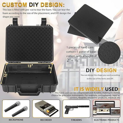 Protective Hard Case Shockproof Water-resistant with Customized DIY Foam Insert fit for Camera, etc, 14 X 11.5 X 3.7-Inch