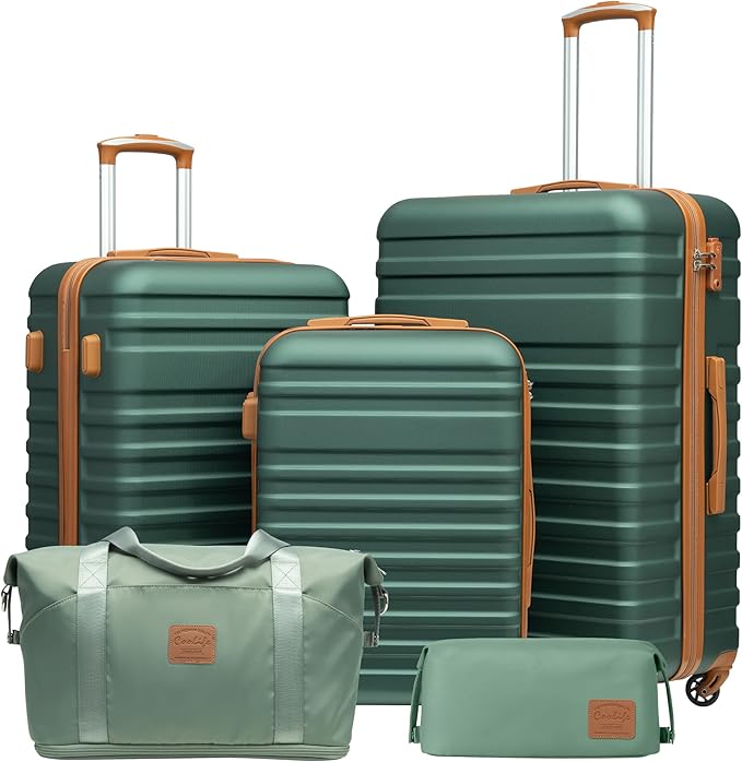 Coolife Suitcase Set 3 Piece Luggage Set Carry On Hardside Luggage with TSA Lock Spinner Wheels (Dark Green, 5 piece set)