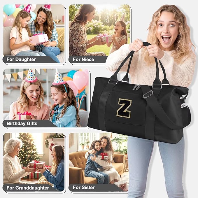 Dance Gym Duffel Bag for Teen Girls, Personalized Initial Travel Weekender Bag,Cute Overnight Carry On Duffle for Women,Sports Travel Cheer Bag,Monogram Christmas Gifts for Tween Preppy(black-Z)