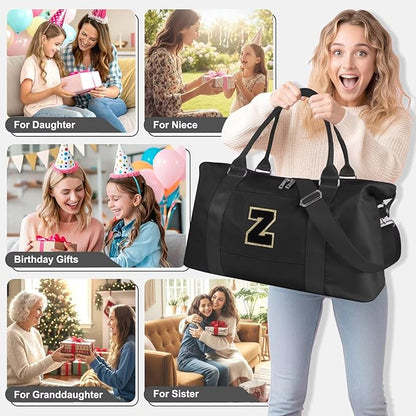 Dance Gym Duffel Bag for Teen Girls, Personalized Initial Travel Weekender Bag,Cute Overnight Carry On Duffle for Women,Sports Travel Cheer Bag,Monogram Christmas Gifts for Tween Preppy(black-Z)