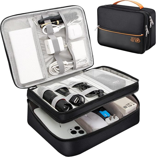 SELLYFELLY Electronics Travel Organizer, Double Layer Cable Organizer Bag Watreproof Electronics Accessories Storage Bag for Cord, Charger, Phone, Power Bank, Hard Drive