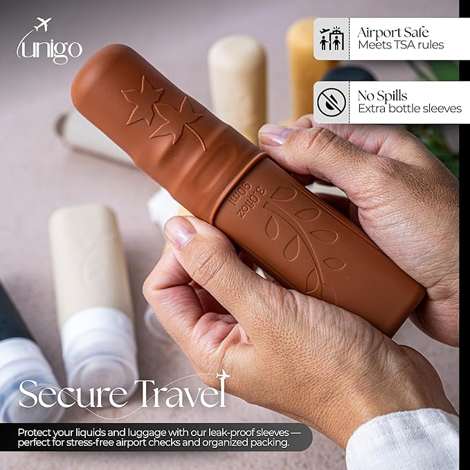 unigo Travel Bottles For Toiletries, 5-pack 3.oz TSA Aprroved Travel Size Bottles, Containers For Toiletries, BPA Free, Leak Prrof, Refillable Containers Bottles (Apricot)