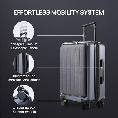 NINETYGO Carry on Luggage 22X14X9 Airline Approved with Front Pocket, 20 Inch Luggage with Front Compartment, Expandable, Double Spinner Wheels, Hardsided PC, TSA Lock (Black, Seine Max)