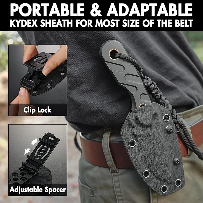 FLISSA Fixed Blade Knife, 7 Inch Full Tang Hunting Knife with Kydex Sheath and Emergency Rope, Tactical Knife for Survival, Camping, Hiking(Black)