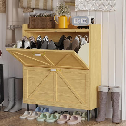 Shoe Storage Cabinet for Entryway with 2 Flip Drawers, Narrow Metal Shoe Cabinet with Anti-Tip, Holds 12-16 Pairs, Freestanding Shoes Cabinets Storage for Entryway, Foyer, Hallway