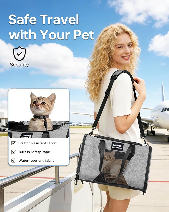 Pet Carrier with Removable Wheels American Airline Approved, Rolling Cat Carrier with Telescopic Handle and Shoulder Strap, Breathable Soft-Sided Carrier with Locking Zipper for Small Cats Dogs(Grey)