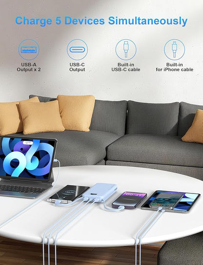 Portable Charger with Wall Plug, 12000mAh USB C Power Bank Fast Charging, External Battery Pack with Built in Cables, Digital Display, 5 Output 4 Input for iPhone Android Cell Phone Tablet