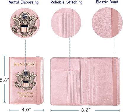TOURSUIT RFID Passport and Vaccine Card Holder Combo, Travel Document Case Cover, Leather Wallet Organizer Women with Vax Vaccination Protector Slot (Rose Gold)