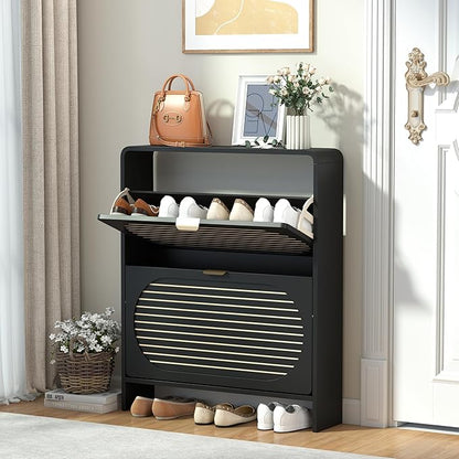 Wood Shoe Storage Cabinet with 2 Flip Drawer, Mid-Century Modern Shoe Cabinet Arched Fluted Pattern, Hidden Narrow Curved Corner Shoe Organizer for Entryway, Living Room (Black, No-Divider)
