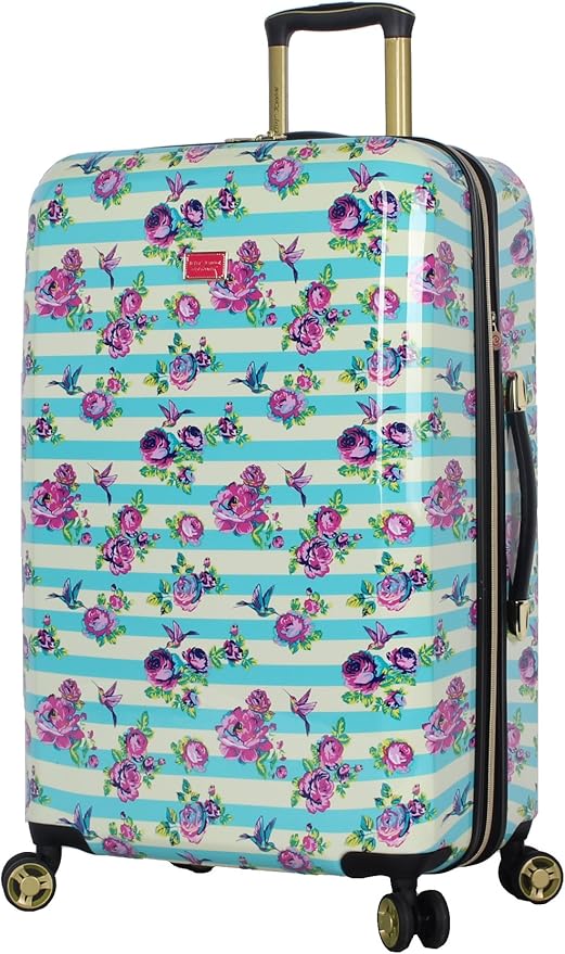 Betsey Johnson 26 Inch Checked Luggage Collection - Expandable Scratch Resistant (ABS + PC) Hardside Suitcase - Designer Lightweight Bag with 8-Rolling Spinner Wheels (Stripe Floral Hummingbird)