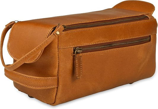 Genuine Leather Travel Toiletry Bag for Men & Women – Premium Water-Resistant Large Dopp Kit, Shaving Organizer & Bathroom Essentials Case – Tan Brown