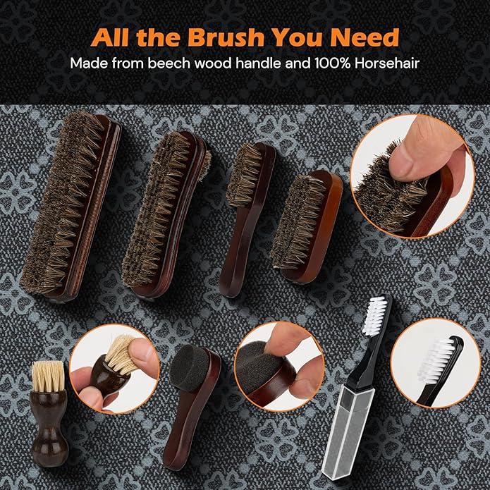 Shoe Care Kit - 16pc, Blue: Premium Deluxe Shoe Polish Kit - Black, Brown & Neutral Polish, Horsehair Brushes, Buffing Cloth & More for Leather Shoes & Boots Care