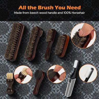 Shoe Care Kit - 16pc, Blue: Premium Deluxe Shoe Polish Kit - Black, Brown & Neutral Polish, Horsehair Brushes, Buffing Cloth & More for Leather Shoes & Boots Care