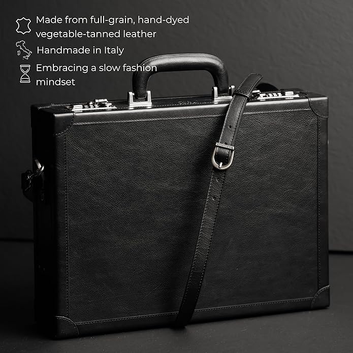 Time Resistance Leather Attache Case - Full Grain Italian Leather Briefcase - Laptop Bag up to 15” - Hard Case with Lock