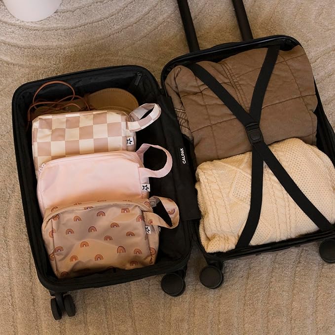 Tiny Twinkle Waterproof Travel Toiletry & Makeup Bag Organizer | Makeup Pouch with Multiple Compartments & Snap Handle for Travel | Gift for Teen Girls and Women（Beige Checkers