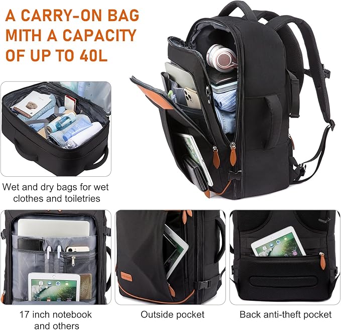 LOVEVOOK Carry on Backpack, 45L Large Travel Backpack for Women Men Airline Approved, Expandable Large Suitcase Backpacks With 4 Packing Cubes, Aer Travel Pack 3, Water Resistant Weekender Bag