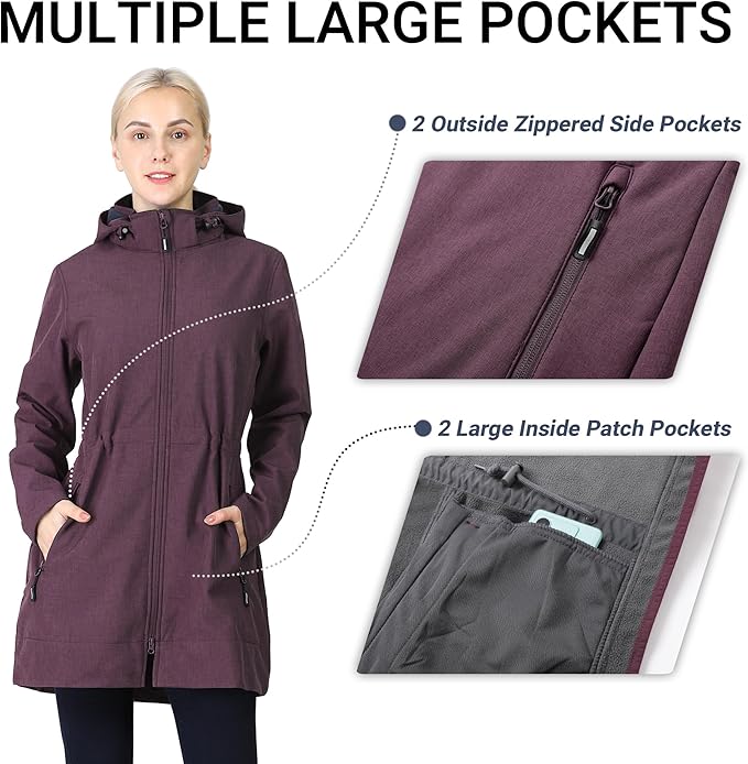 Outdoor Ventures Women's Softshell Jacket with Removable Hood Fleece Lined Windbreaker Insulated Long Warm Rain Jacket