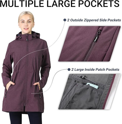 Outdoor Ventures Women's Softshell Jacket with Removable Hood Fleece Lined Windbreaker Insulated Long Warm Rain Jacket